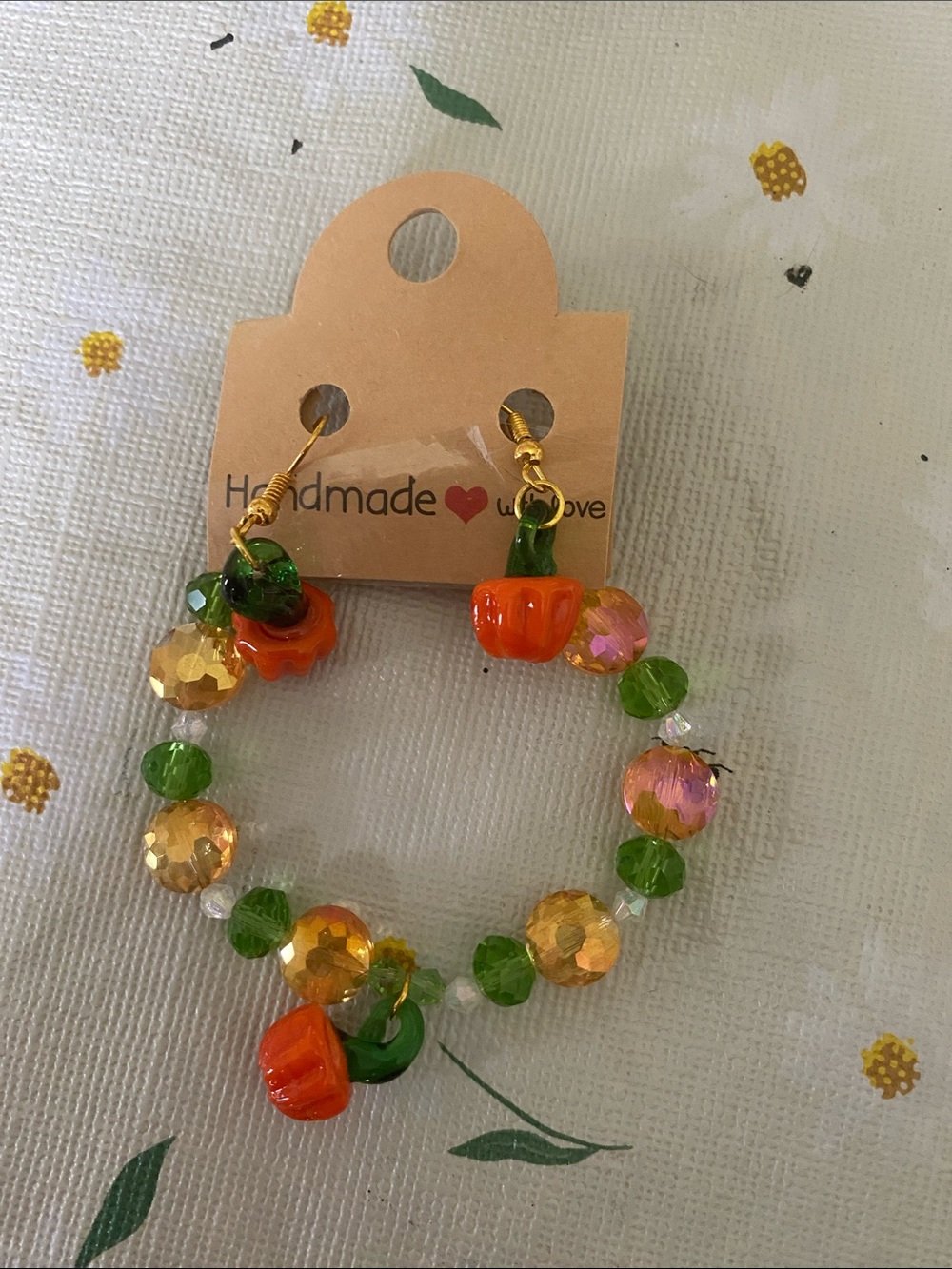 Handmade Kids Orange & Green Pumpkin Bead Earrings